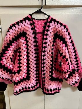 Handmade Pink & Black Crochet Granny Square Sweater